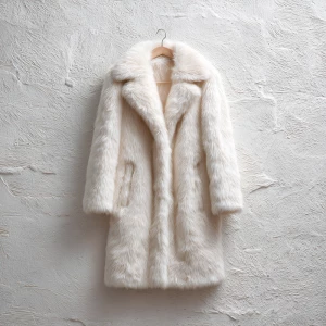 Create a Fluffy white straight hair long texture fur coat with o...