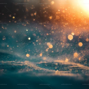 “Cinematic close-up of soft drifting snowflakes glowing in warm...