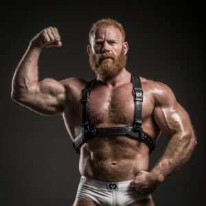 The image depicts a very hairy muscular, ginger bearded man posi...