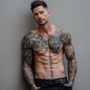 A muscular man with light skin and short dark brown hair is depi...