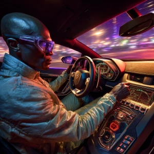 A short Nigerian pilot sits inside the cockpit of a Lamborghini,...