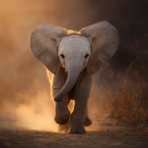 A baby African elephant named Ember, looking toward the camera w...