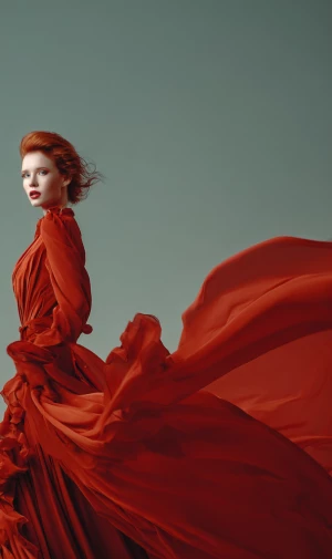 An elegant supermodel with fiery red hair gracefully walks forwa...
