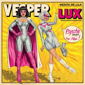 Retro pop-art comic book cover, bold yellow halftone burst backg...