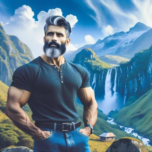 Generate an image of a muscular man with gray-black hair and bea...