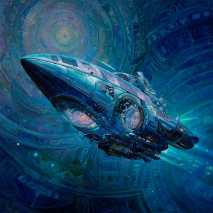 In the depths of a dimensional void, a bioluminescent scifi ding...