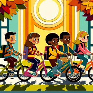 Several young elementary school children joyfully riding their c...