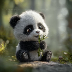 “Ultra-cute baby panda sitting in soft morning light, holding a...