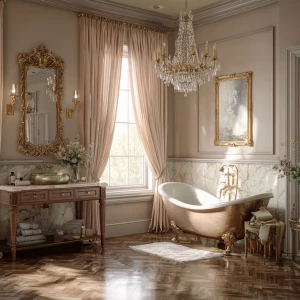 Generate a realistic image of a spacious classic bathroom featur...