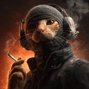 A wide-eyed ginger cat wearing a black tactical balaclava (or ma...