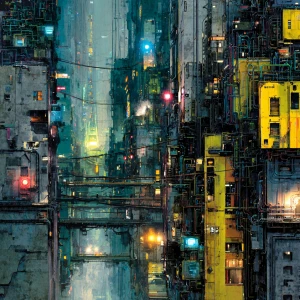 In a vividly intricate digital dystopia, a towering cybernetic c...