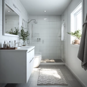 Create a realistic image of a small modern bathroom with an all-...