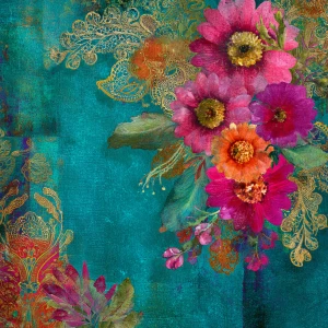 Vibrant boho paisley floral mixed-media scrapbook paper, turquoi...