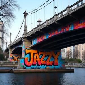 Generate an image of a city bridge with colorful and vibrant gra...