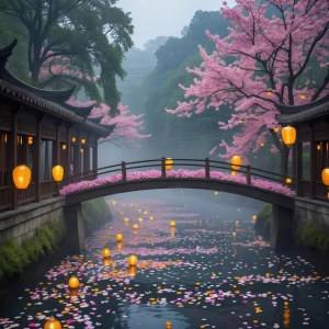 Floating Bridge of Blossoms
A narrow bridge connecting two mansi...