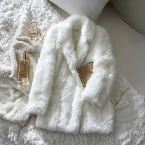 Create a Fluffy white faux fur coat with oversized lapels, soft...