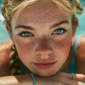 A very pretty Blue eyed girl with freckles across her nose loung...