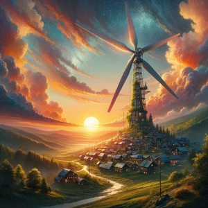 Peaceful, small Solar-punk town with a windmill and a nice sunse...