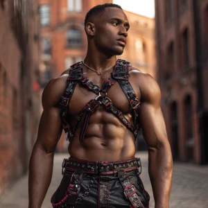 The image depicts a muscular person standing in an outdoor urban...