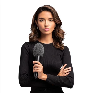 A professional news reporter, a woman, standing confidently in f...