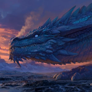 A colossal, serpentine dragon, its scales shimmering with the ir...
