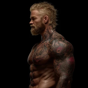 Generate an image of a strong male bodybuilder with blonde hair...