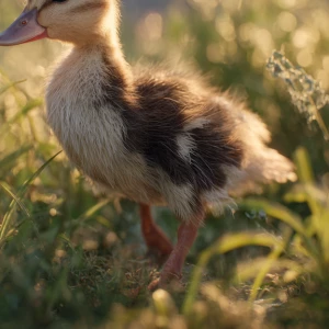 A baby call duck waddles gently through soft green grass in warm...