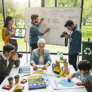 quiero una imagen de unas personas creando una campaña de resicl...