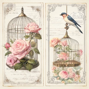 Victorian Mauve Rose Aviary – 2 Large Journaling Cards (Birdcage...