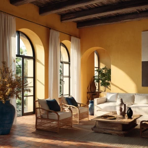 Create a Mediterranean living room interior with ochre yellow wa...