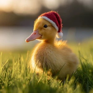 A yellow feathered baby call duck ( short bill) wearing a Santa...