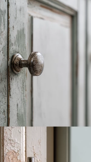 Photograph a single kitchen cabinet door close-up, showing sligh...