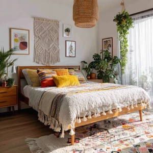 High-resolution photograph of a modern boho bedroom, full-room v...