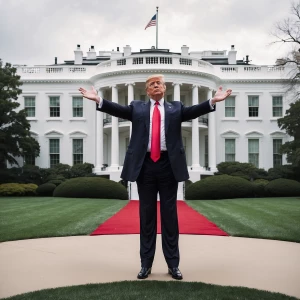 Donald trump standing in front of the white house, arms outstret...