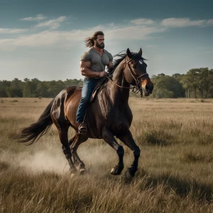 A bodybuilder man with a rugged beard and long brown hair, dress...