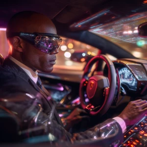A short Nigerian pilot sits inside the cockpit of a Lamborghini,...