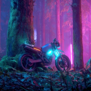 Create an image of an enchanted cyberpunk neon forest with a sci...