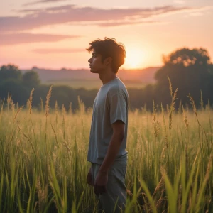 Create an image of a person standing alone in a peaceful meadow,...