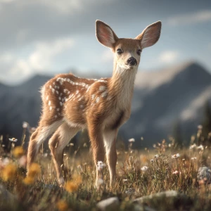 Baby white-tailed fawn with delicate white spots standing in a C...