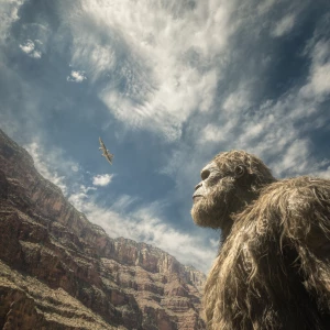 A large humanoid looking hair covered sasquatch looking up to a...
