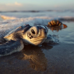 A realistic wildlife-style photograph of a baby sea turtle named...