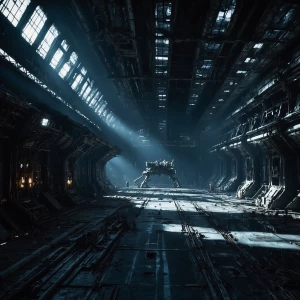 In the haunting depths of a macabre starship hangar, shadows dan...