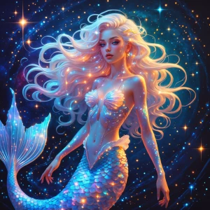 A luminously shimmering astronomic surreal mermaid, her form a m...