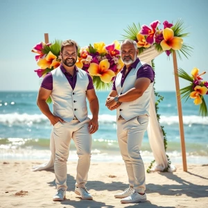 Two muscular men standing together on a sunlit tropical beach, p...