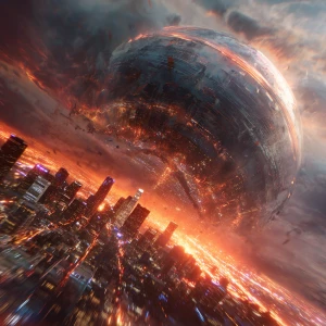 A massive, futuristic metallic sphere descends through Earth’s u...