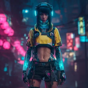 Create an image of a cyberpunk-style witch with futuristic cloth...