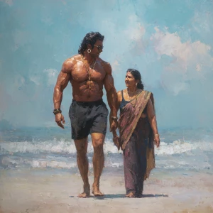 Realism,oil painting.a muscular sweaty indian  villain man, walk...