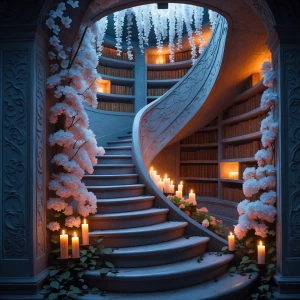 Describe a scene of a hidden stairwell library, where a spiral s...