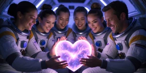 a group of astronauts, a mix of men and women, joyfully gathered...