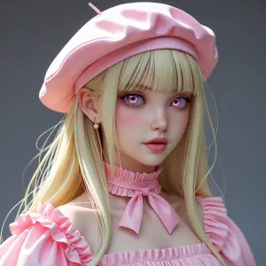 Light blonde long hair, side swept bangs to the right, light pin...